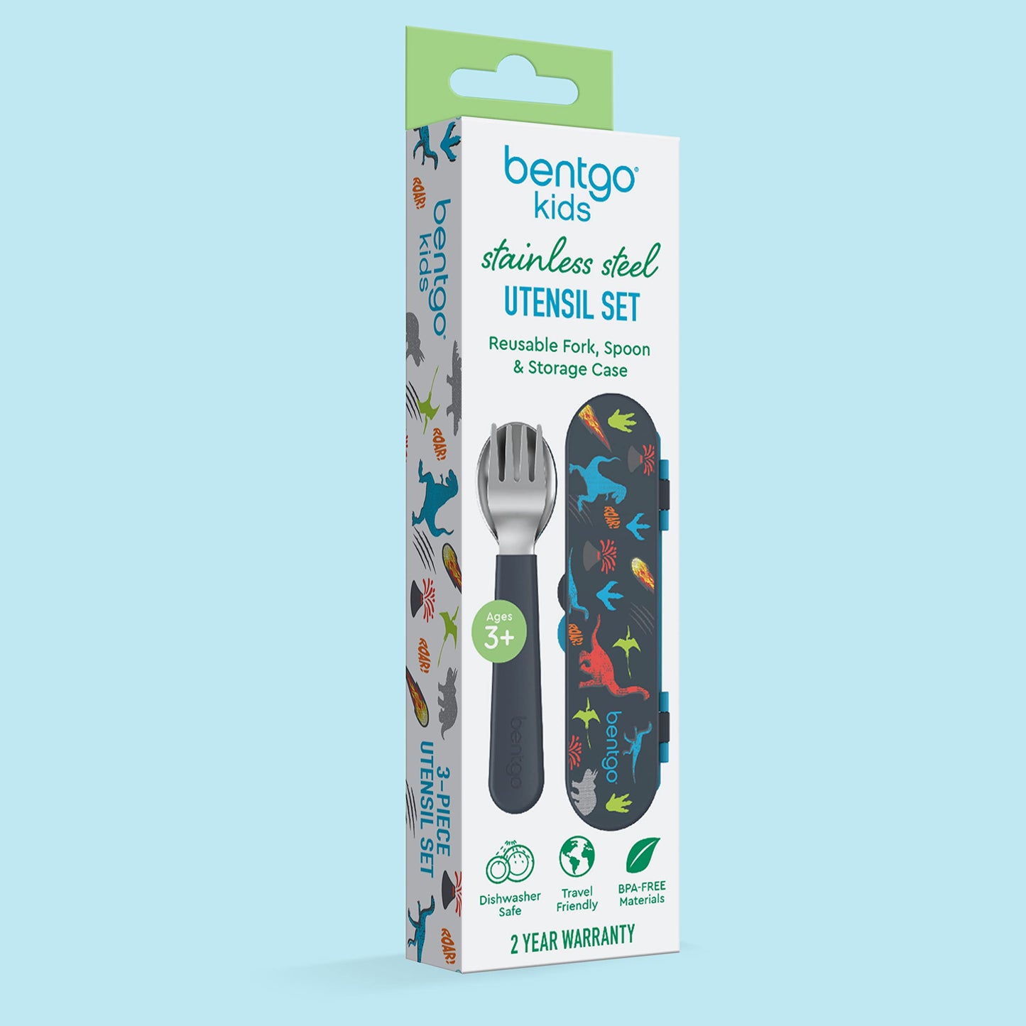 Bentgo Kids Stainless Steel Utensil Set - Reusable Fork, Spoon & Storage Case, PFAS- & BPA-Free, Easy-Grip Handles, Lightweight, Dishwasher Safe, School Lunch, Travel & Outdoors (Dinosaur)