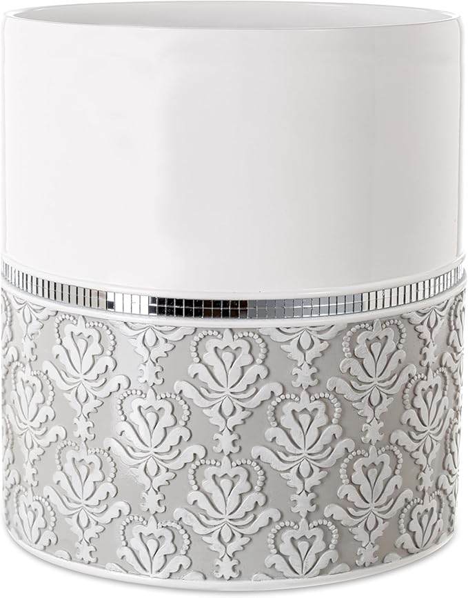 Creative Scents Mirror Damask Small Bathroom Trash Can 1.58 Gal / 6L - Decorative White and Gray Waste Basket - Durable Bathroom Wastebasket - Waste Bin for Powder Room Or Bedroom