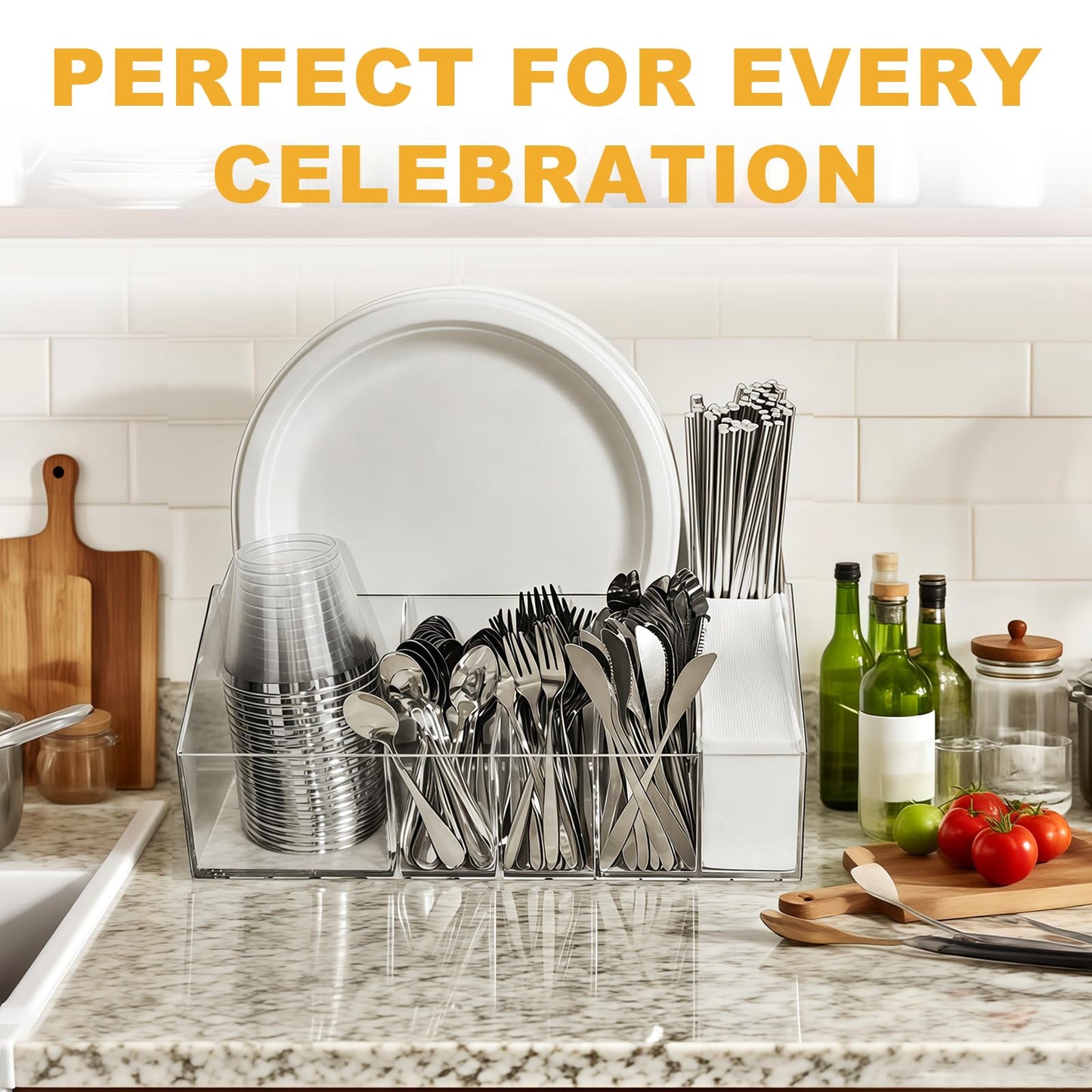 Truxwal Acrylic Paper Plate Organizer and Dispenser – 6 Compartment Plate and Utensil Caddy for Plates, Cups, Napkins and Cutlery, Ideal for Kitchen, Parties, Picnics, Weddings, and Outdoor Events
