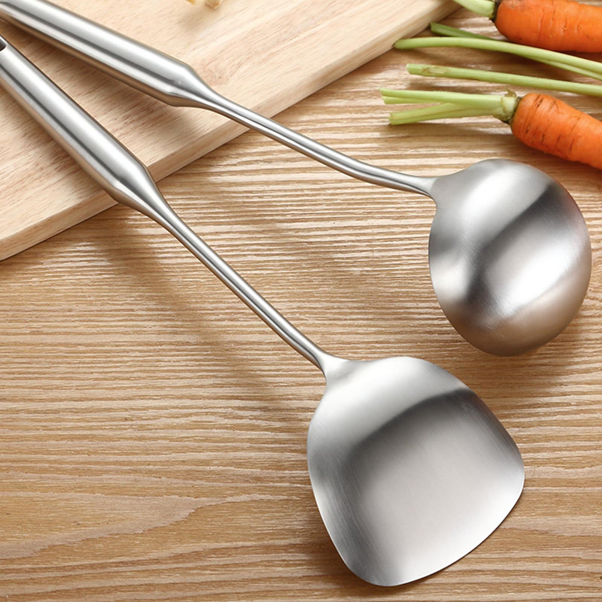 304 Stainless Steel Cooking Utensil Set 4-Piece Kitchen Utensils with Extra-Long Handles, Spatula,Ladle,Slotted Spoon,Slotted Spatula,One-Piece Construction, Ideal for Wok, Grilling, and Gifting