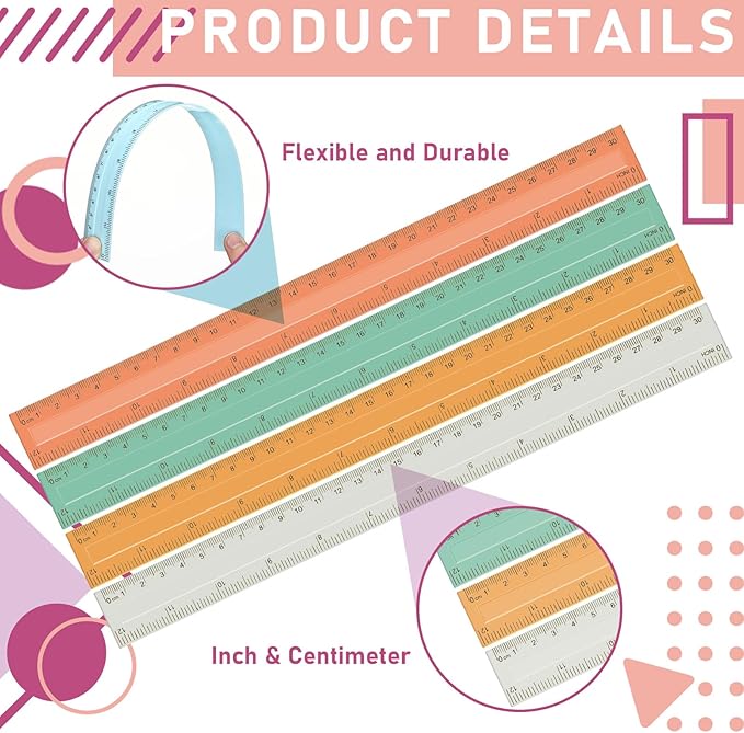 240 Pcs 12 Inch Plastic Rulers Bulk, Back to School Supplies, Assorted Colored Flexible Metric Rulers with Centimeters and Inches Measuring Tool for School Classroom Students(Boho)