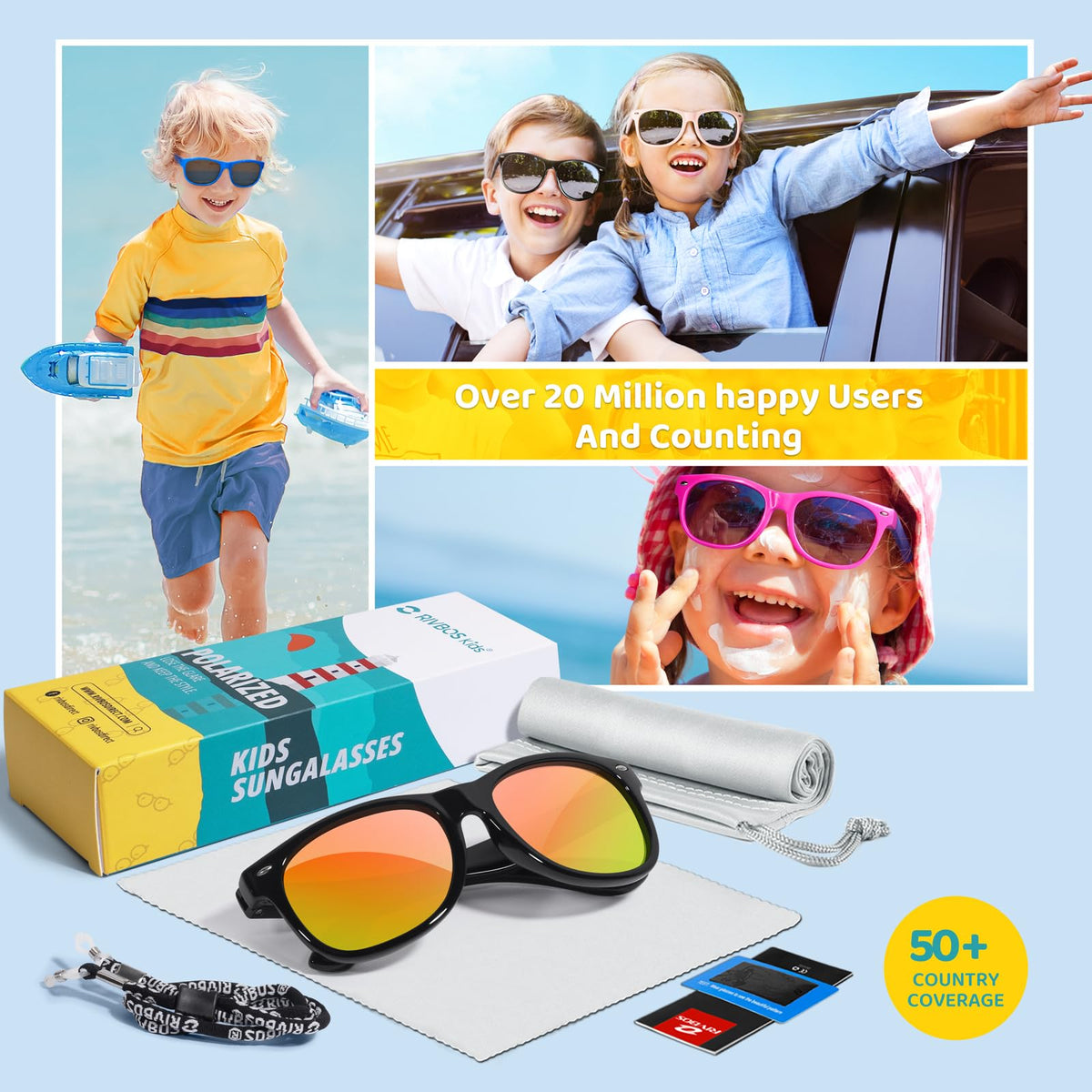 RIVBOS Kids Sunglasses Boys with Strap Polarized Rubber Flexible Shades for Toddler and Children Age 3-10 RBK004-2 Black Ice Red Lens