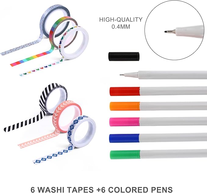 &And Per Se Dotted Journal Notebook Set, A5 Hardcover Dotted Journal (Black), 6 Fineliner Pens, 8 Sticker, 5 Stencil Sheets & 6 Washi Tapes, Journaling Supplies for Planner Schedule