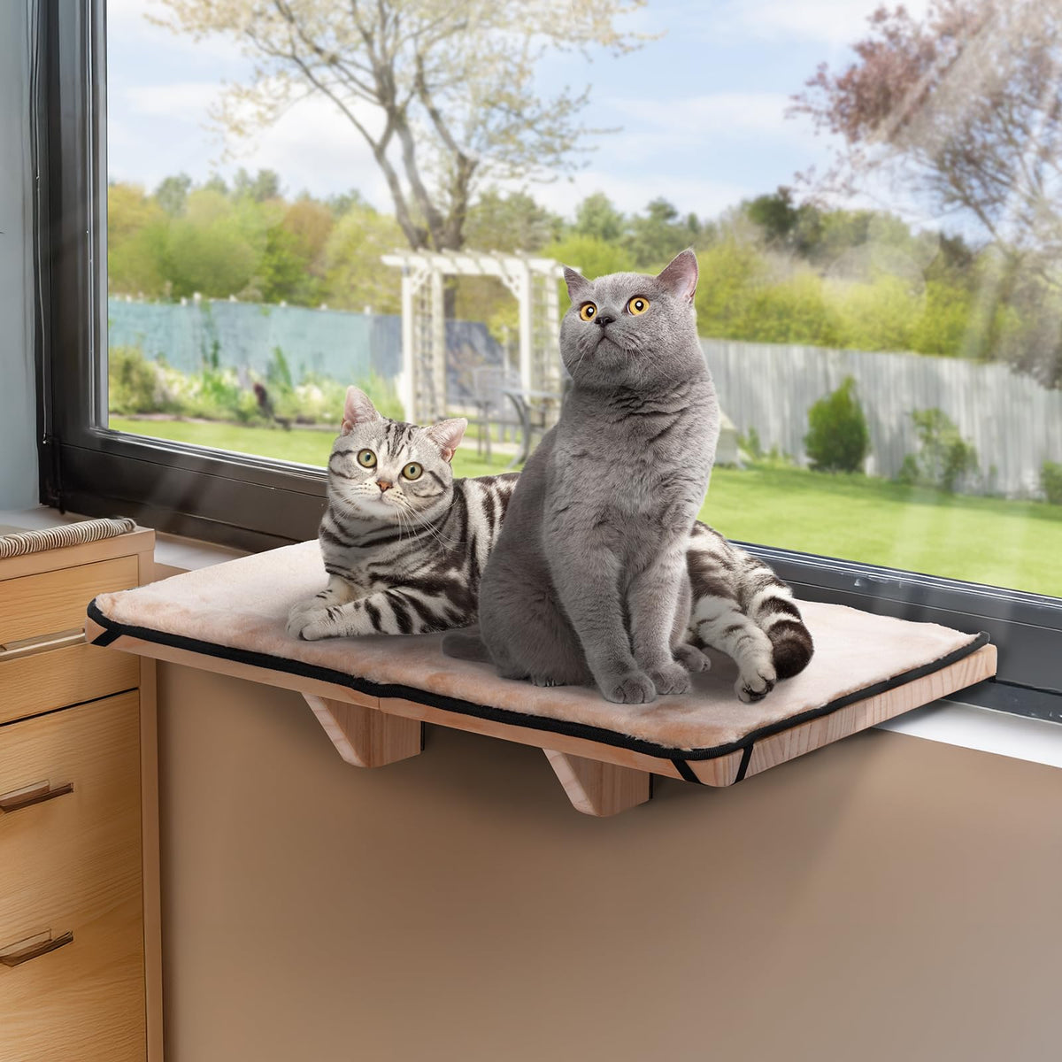 PETSFIT 2 Cats Design Window Perch, Cat Hammock Window Seat with Natural Wood &Removable Fleece Mat for Large Cats, Easy to Adjust&Assemble Cat Bed for Windowsill, Bedside and Drawer