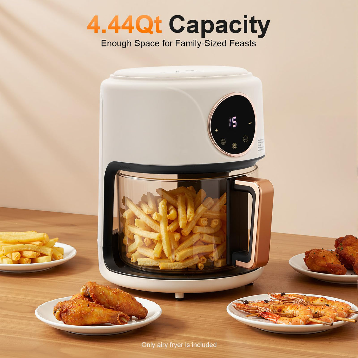 360° Viewable Air Fryer, 4.44 Qt Transparent Glass Air Fryer with 8 Preset Modes, 1200W Adjustable Temp 176°F-392°F Cooker with Digital Display for Home Kitchens & Restaurants