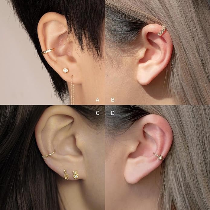 Anygolds 14K Solid Gold Ear Cuff Ring for Women No Piercing, Minimalist Cartilage Earring Set, Fake Piercing Clip On Earcuff - Heart, Crown, Flower Designs