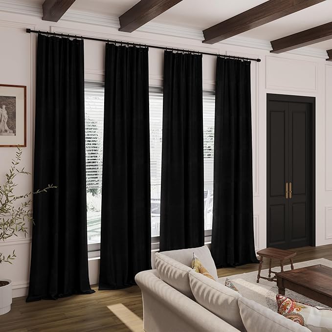 Black Linen Blackout Curtains 84 Inches for Bedroom Pinch Pleated Modern Farmhouse Living Room Draperies 84 Length Thermal Insulated Full Shading Black Curtains With White Backing for Sliding Door