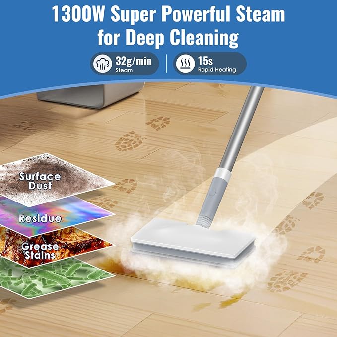 FEPPO Steam Mop & Detachable Handheld Steam Cleaner for Home and Floor Cleaning, 15s Heat-Up, 230°F Floor Steamer for Deep Cleaning with Multi-purpose Attachments Hardwood Floors, Tile,Grout,Furniture