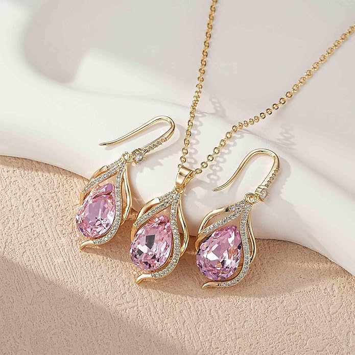EVEVIC Austrian Crystals Teardrop Hollow Twisted Pendant Necklace Earrings for Women 14K Gold Plated Halo Drop Dangle Earrings Hypoallergenic Jewelry Set