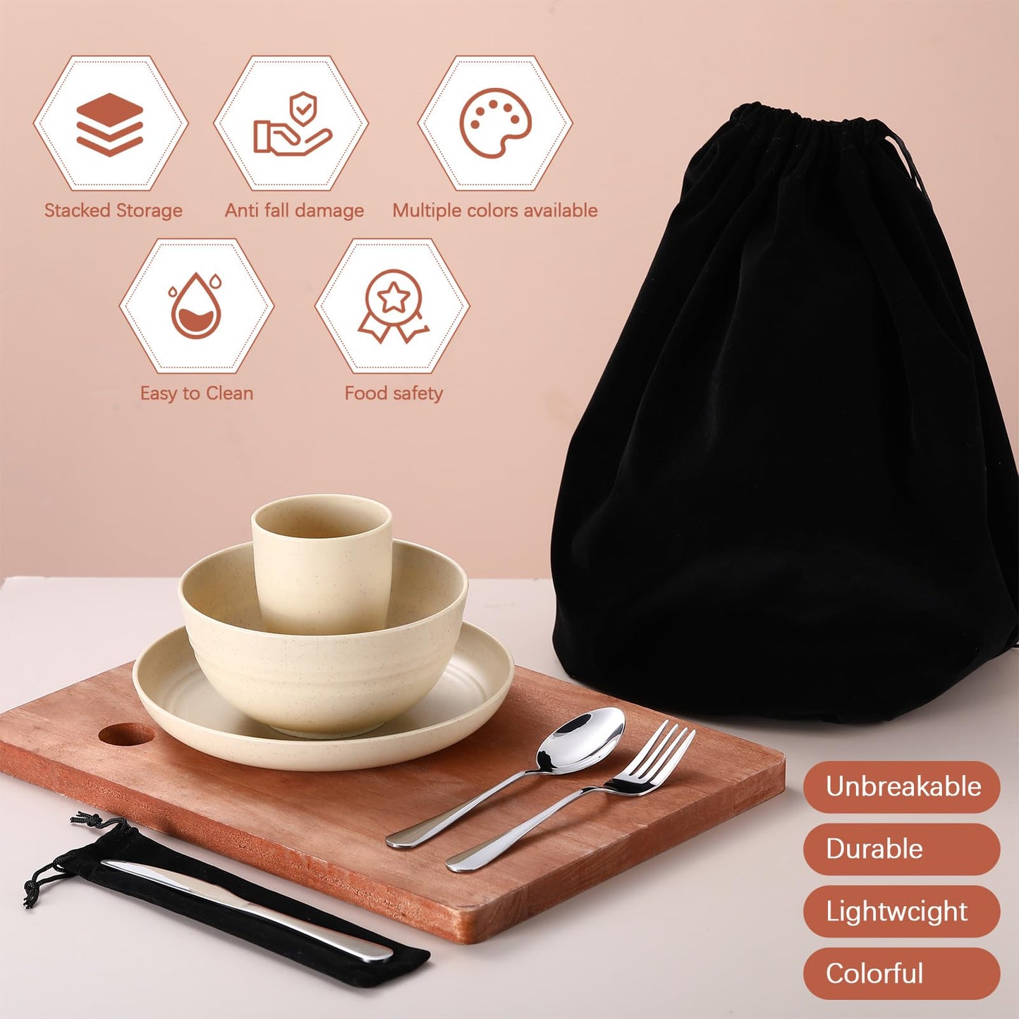 Teenyyou 4 Sets Camping Mess Kits for 4 Person Camping Silverware Set Include Cup, Bowl, Plate, Knife, Spoon, Fork Cutlery Set Unbreakable Wheat Straw Dinnerware Utensils for Travel(Dark Color)