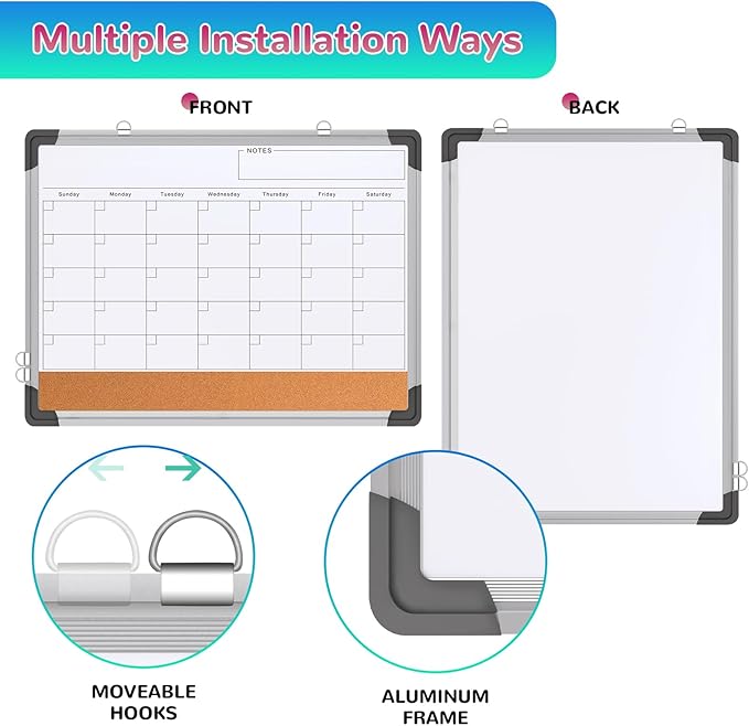 Monthly Calendar Whiteboard Dry Erase Cork Board Combination for Wall, 24"x18" Magnetic Dry Erase Board, Double-Sided White Board, Portable Board for Office, Kitchen, Planning, Memo, School, Home