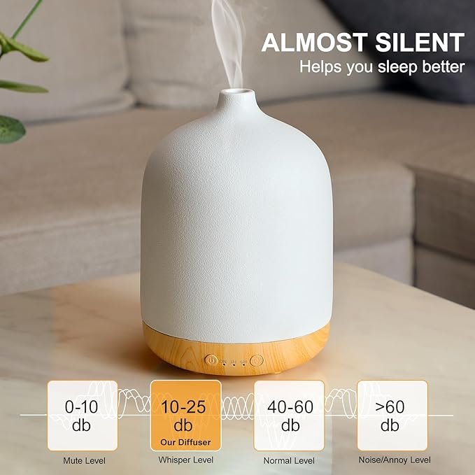 Ceramic Essential Oil Diffusers for Home, Decorative Bedroom Aromatherapy Scent Air Diffuser Ultrasonic Aroma Defusers 250ml with Timed-White