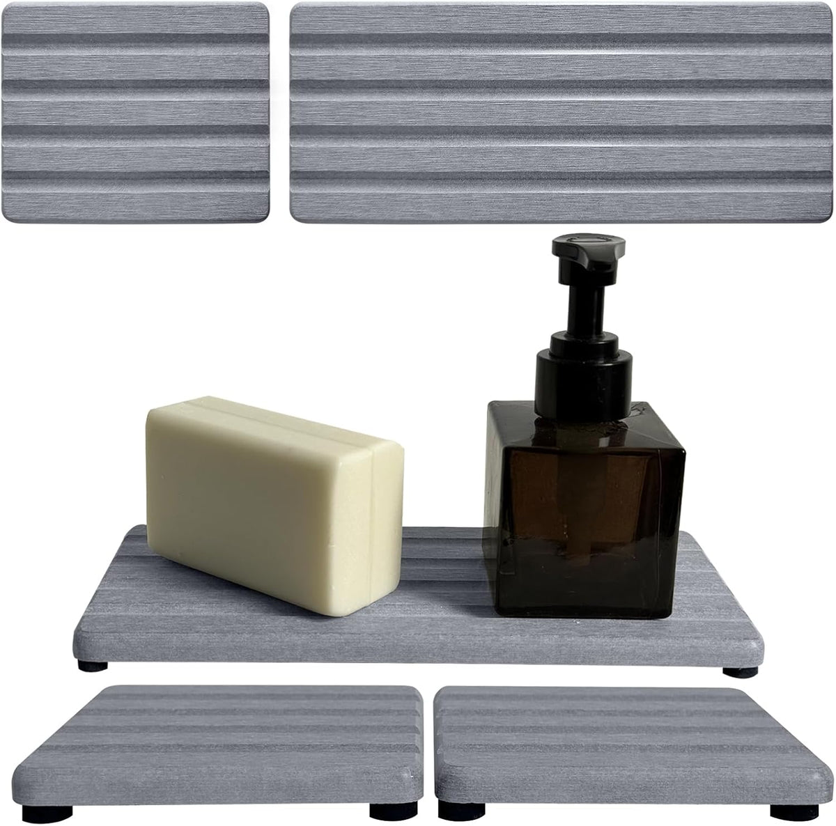 Set of 3 Diatomite Hand Soap Holder, Water Absorbing Stone Tray for Kitchen Countertop, Fast-Drying Bathroom Trays(1pcs 22 x 10cm + 2pcs 10 x 10cm Grey)