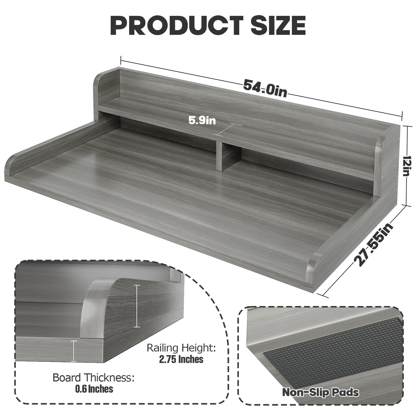 Corbyles 2-Tier Washer Dryer Countertop with 2.75"H Edge Rails, 54" W x 27.55" D Laundry Countertop for Folding Clothes, Washer and Dryer Topper with Non-Slip Pad (Stripe Gray)