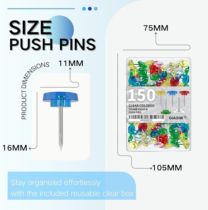150 PCS Flat Clear Colored Push Pins for Wall Thumb Tacks for Walls Flat thumbtacks Push pin for Bulletin Board Shadow Box Display Thumbtack for Cork Board