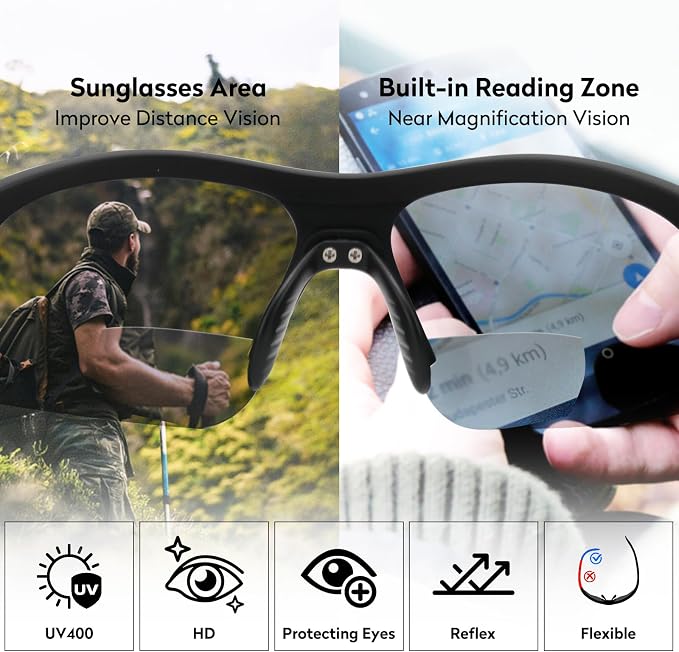 Attractive Bifocal Reading Sunglasses for Men, Durable TR90 Semi Rimless Wrap Around Design Sun Readers, UV400 Near-Far Sun Glass Built in Outdoor Sports/Driving/Finshing Dark Glasses, +1.75