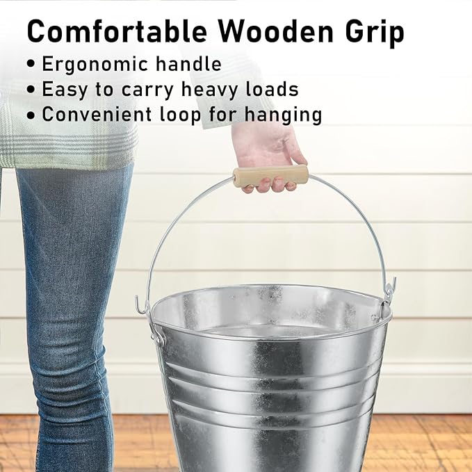 4 Gallon Galvanized Ice Bucket - Large Rustproof Metal Bucket Drink Tub with Wood Handles - 13" Beverage Bucket for Party BBQ Wedding Home Décor & Storage - 13"L x 13"W x 12"H
