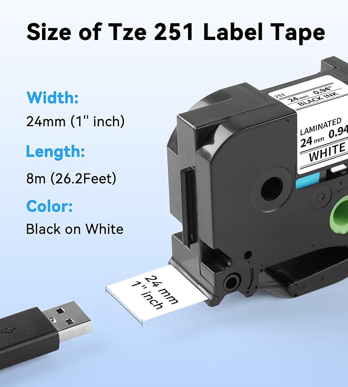 TZe-251 24mm .94 Laminated White Tape Compatible for Brother PT-P610BT Label Maker, TZe251 TZ-251 24mm 1 Inch for Brother P-Touch PTD600 PT-D710BT PT-P750W PT-P700 PT-E560 Label Maker,5-Pack