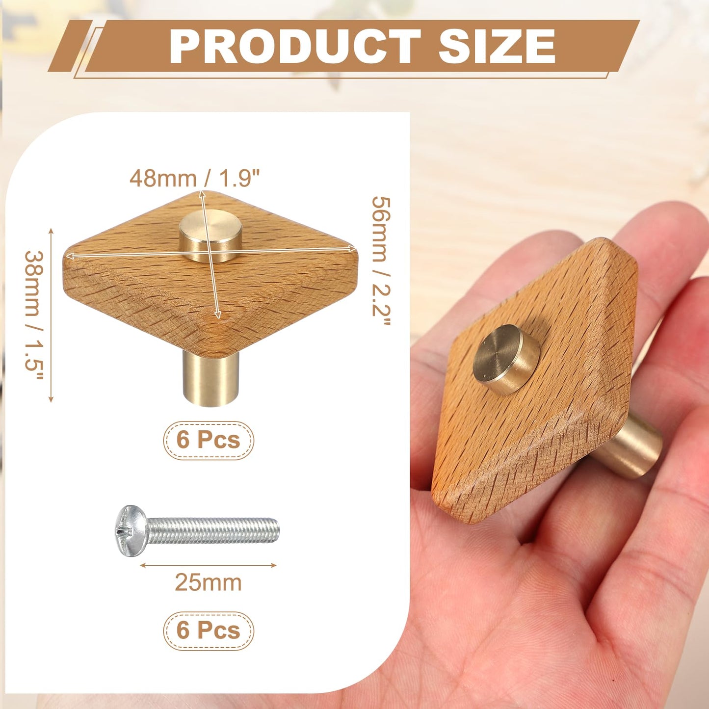 uxcell 6 Pcs Wood Cabinet Knobs, 2.2 Inch Rhombic Single Hole Wooden Drawer Knobs Mushroom Shape Handle Pulls with Screws for Furniture Closet Dresser, Copper Wood Color