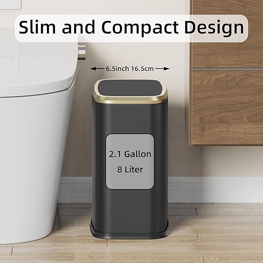 8L/2.1 Gallon Small Bathroom Trash Can with Lid, Swing-Top Rectangular Waste Bin, Stainless Steel Garbage Can for Home, Office, Toilet, Bedroom, Living-Room (Black)