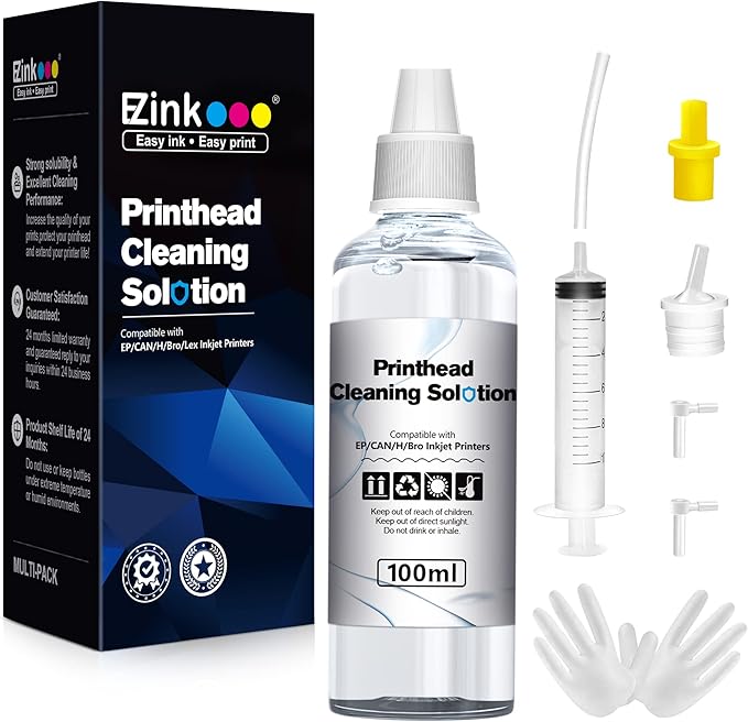 E-Z Ink Printer Cleaning Kit for Epson Ecotank Printer, Printerhead Cleaning kit for HP/Canon/Brother Inkjet Printers, Printhead Cleaning Solution, 100ML