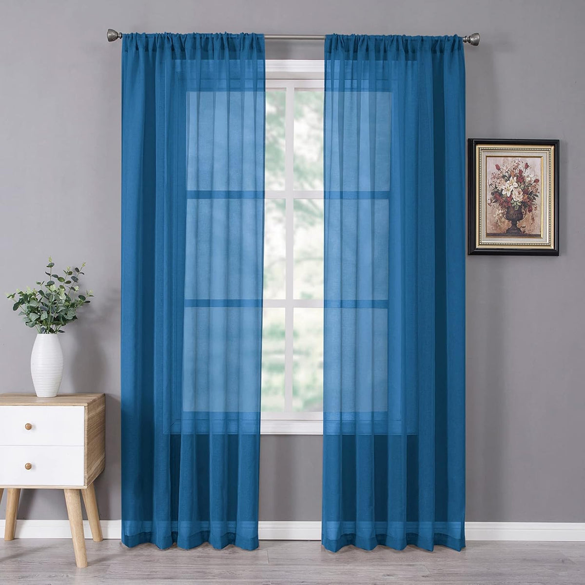 Tollpiz Sheer Curtain Linen Textured Living Room Curtains Sheer Light Filtering Rod Pocket Voile Curtain for Bedroom, 54 x 72 inches Long, Classic Blue, Set of 2 Panels