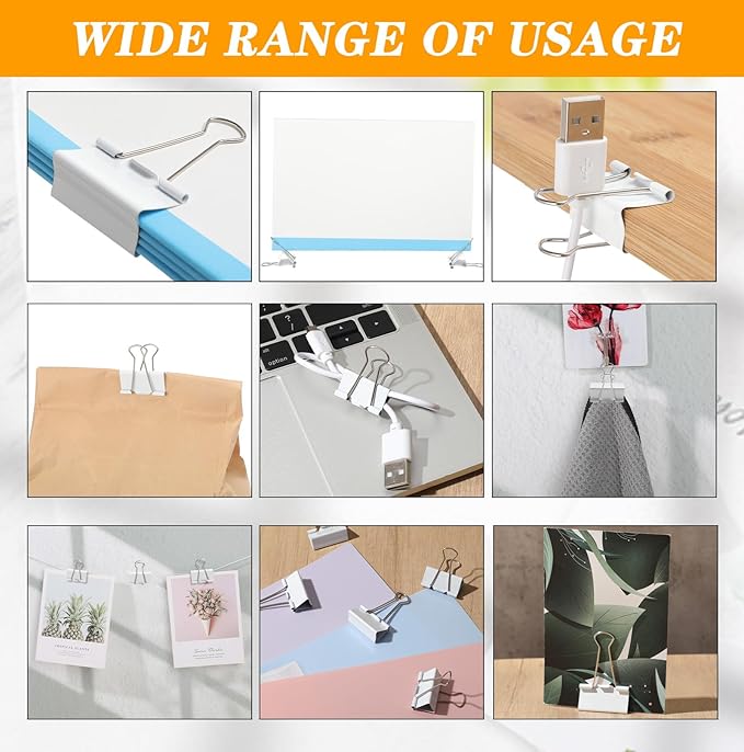 Jetec 100 Pack 1.6in/41mm White Metal Binder Clips Bulk Medium Reusable Fold Back Binder Clips Paper Clamps Spring Steel Sturdy for Home School Office Supplies