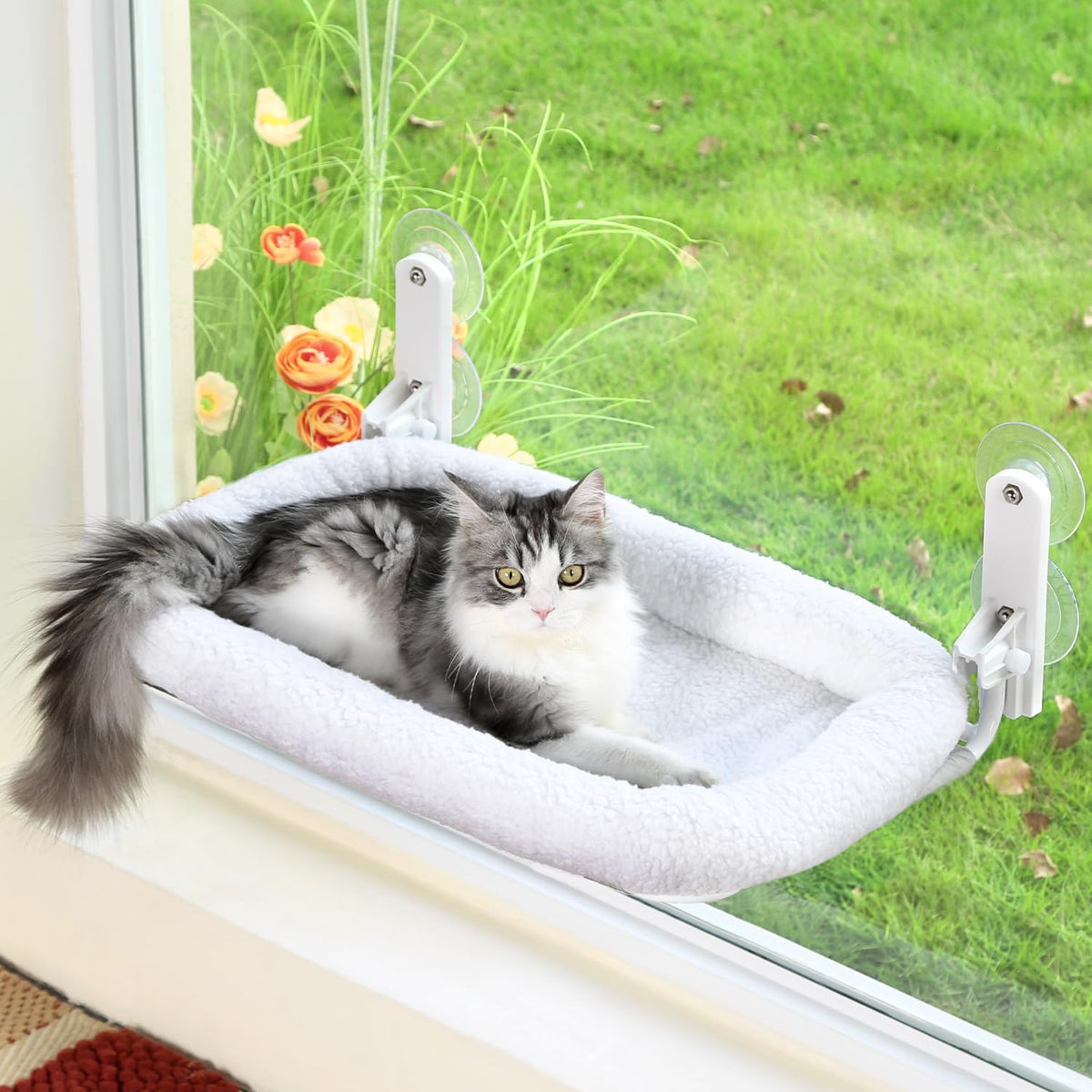 Zakkart Foldable Cat Hammock for Window - Cordless, Embeded Machine Washable Bed, Robust Metal Frame - Cat Window Perch for Large Cats and Kittens (White Bolster Bed, Medium)