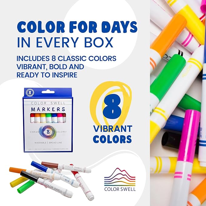 Color Swell 8-Pack Broad Line Markers – Washable, Non-Toxic, Ideal for Kids, Students, Adults, and Classroom Activities