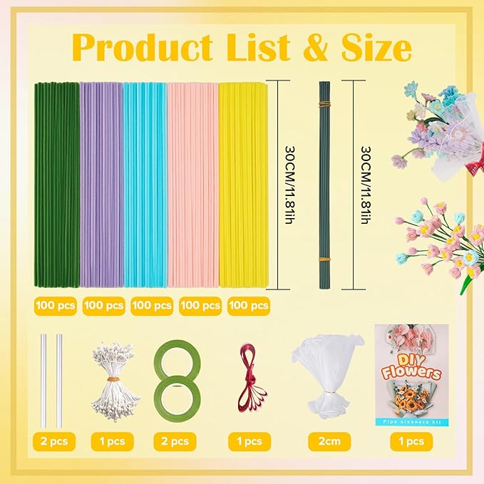 500 PCS Pipe Cleaners Craft Kit for Flower Making Daisy DIY Material Bundle with 20 Stems, 100 Stamens, Ribbon, Tulle, Glue Sticks & Step-by-Step Guide - Vibrant Colors, Non-Shedding, Fade-Resistant