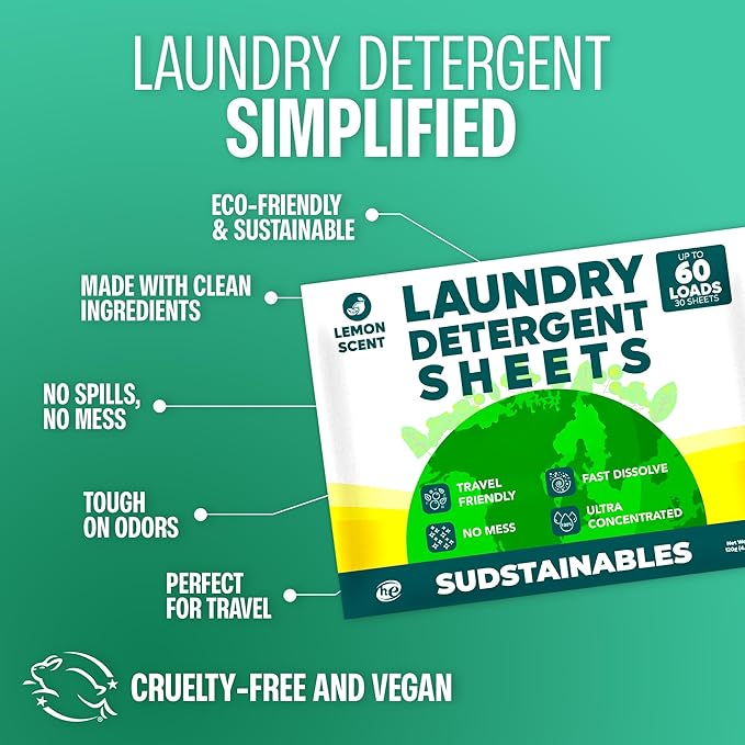 Sudstainables Laundry Detergent Sheets 60 Loads – Dissolvable Laundry Sheet for Washing Machines, Compact Alternative to Liquid & Powder Detergent, Travel-Friendly Soap | Lemon
