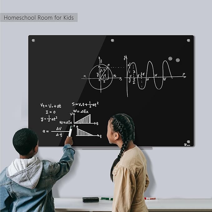 TOWON 6 x 4ft Glass Whiteboard Wall, Black Magnetic White Board Dry Erase 72 x 48 in, Big Glass Dry Erase Board with Multi-Color Markers, Strong Magnets, Pen Tray and Eraser, Frameless