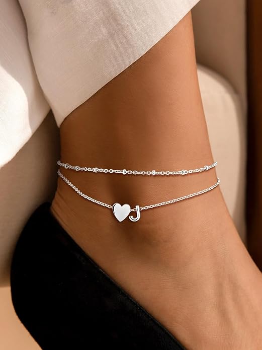 Suplight Stainless Steel Initial Ankle Bracelets for Women Layered Dainty Heart Anklet Beaded Anklets for Women Waterproof Plus Size Ankle Foot Chain Summer Essentials Jewelry(with Gift Box)
