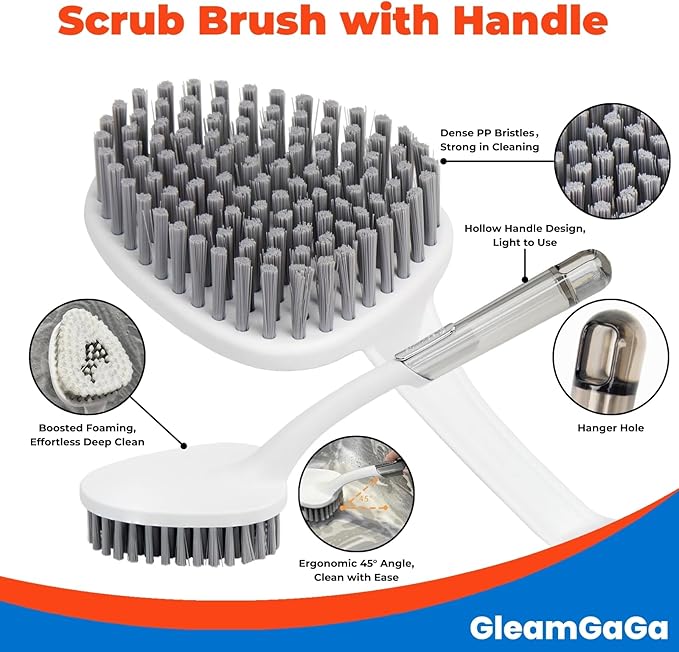 3 Pack Scrub Brush Set – Heavy-Duty Scrub Brushes for Cleaning with Handle, Cleaning Brush with Stiff Bristles, Shower Scrubber for Bathroom, Bathtub, Kitchen, Tile, Floor, Grout, Sink & Carpet