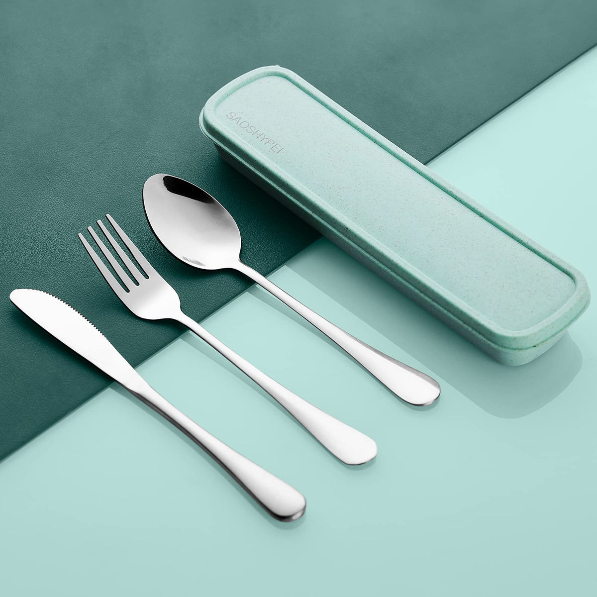 SAOSHYPEI Portable Utensils Set with Case, 4-Piece Stainless Steel Reusable Silverware Set, Travel Flatware Cutlery Set for Camping, Lunch Box, Office, Picnic, Dishwasher Safe