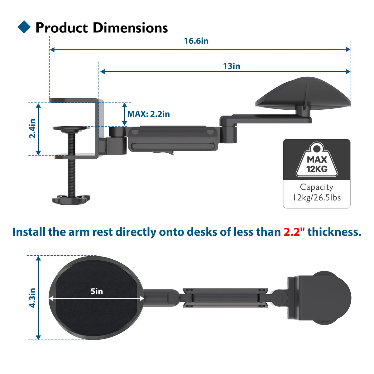 BONTEC Adjustable Arm Rest for Desk, Ergonomic Elbow Rest Pad, 360° Rotating & Extendable Desk Arm Support, Durable Aluminum, Keyboard & Computer Arm Rest Pad, Office & Gaming Desk Accessories