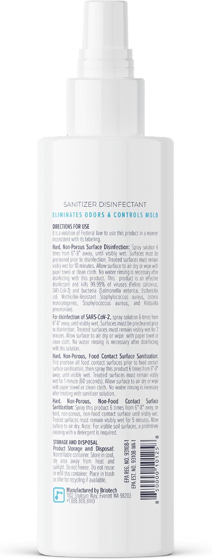 BRIOTECH Sanitizer Disinfectant Hypochlorous Spray, Kill 99.99% of Viruses & Bacteria, Control Mold, Eliminate Odor, Gentle for Nursery & Play Rooms, Food Contact Surface Sanitizer, 8 fl oz