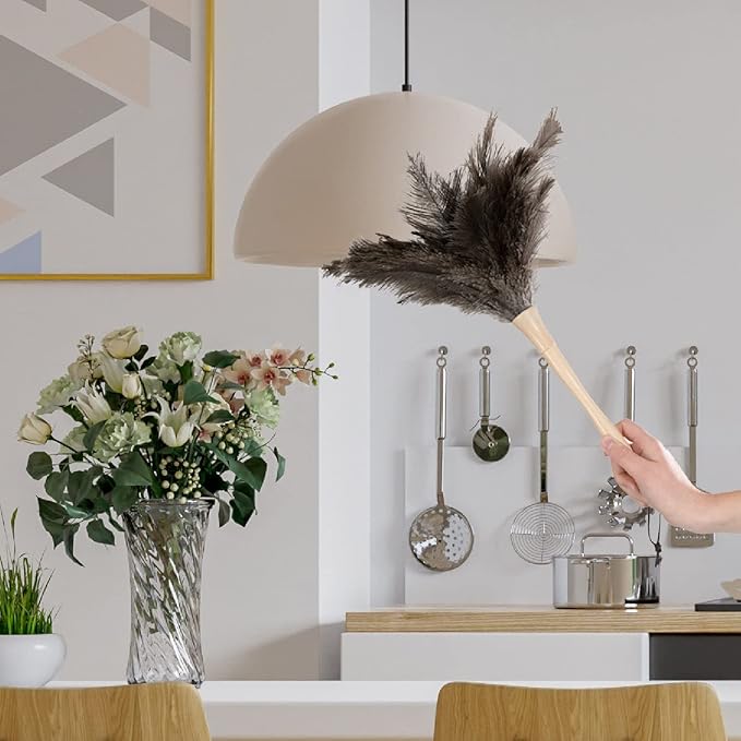Superio Ostrich Feather Duster Fluffy Dust Remover, with Wooden Handle Reusable for Cleaning Homes, Ceilings, and Furniture (3 Pack) (2 Pack)
