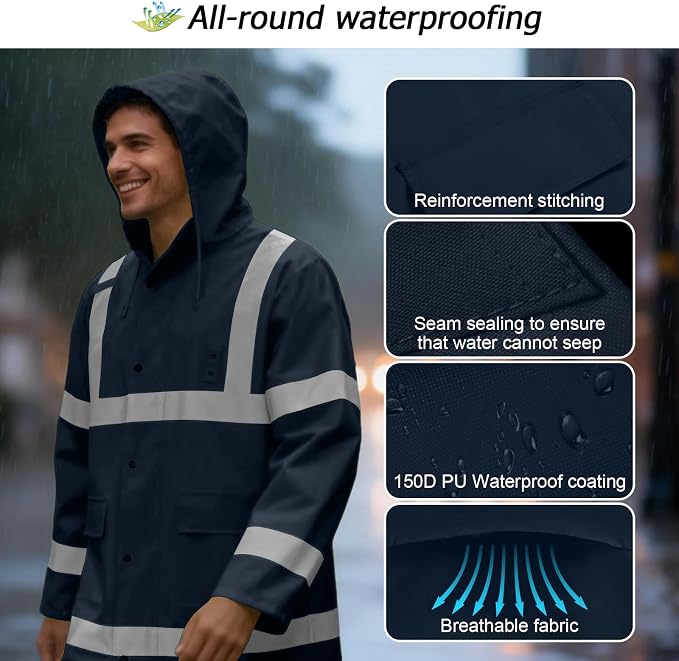 Hi Vis Rain Coat, High Visibility Rain Jacket Waterproof with Hood, Lightweight Raincoat for Men Women, Reflective Rain Suit for Hiking Camping Outdoor Activities, L, Dark Blue Long, 3XL