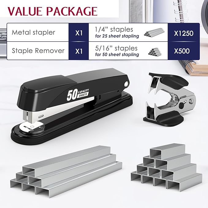 Metal Stapler Heavy Duty 50 Sheet Capacity with 1750 Staples and Staple Remover, Full Strip Staplers for Desk, No Jam, Non-Slip for Office & Classroom, Black