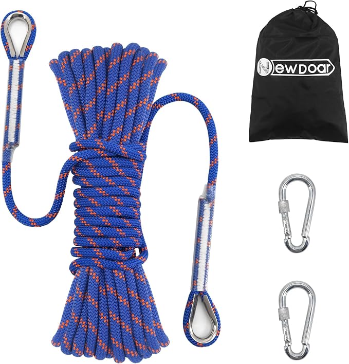 NewDoar 14KN Static Climbing Rope 8mm(5/16in) Accessory Cord Equipment 33FT(10M) 66FT(20M) 98FT(30M) 165FT(50M) Escape Rope with 2 Carabiners for Ice Climbing Equipment Fire Rescue Rope-Blue/20M