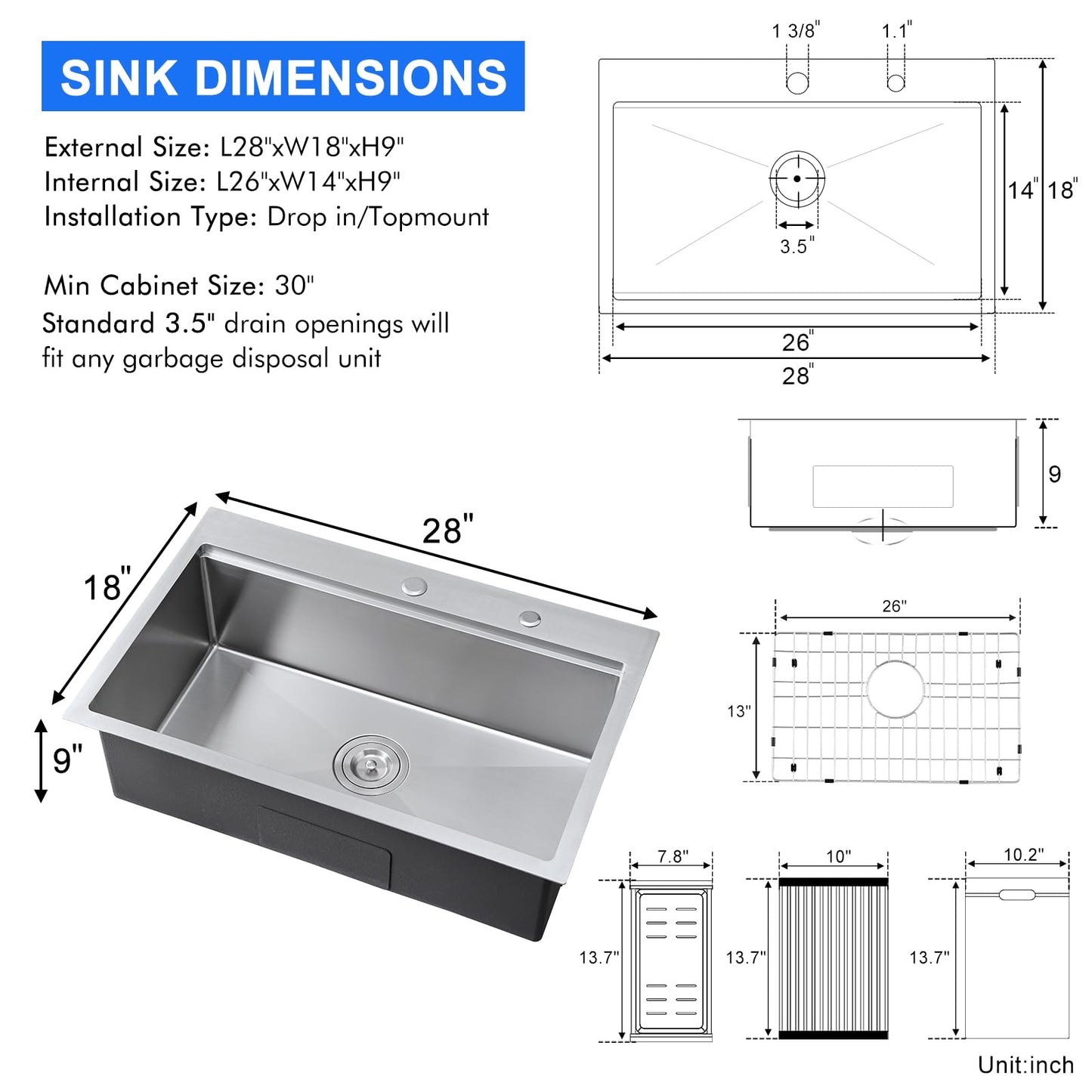 MENATT 28 inch Drop In Kitchen Sink with Ledge, 2 Faucet Hole Single Bowl Workstation Sink, 18 Gauge 304 Stainless Steel Top Mount Kitchen Sink with Accessories
