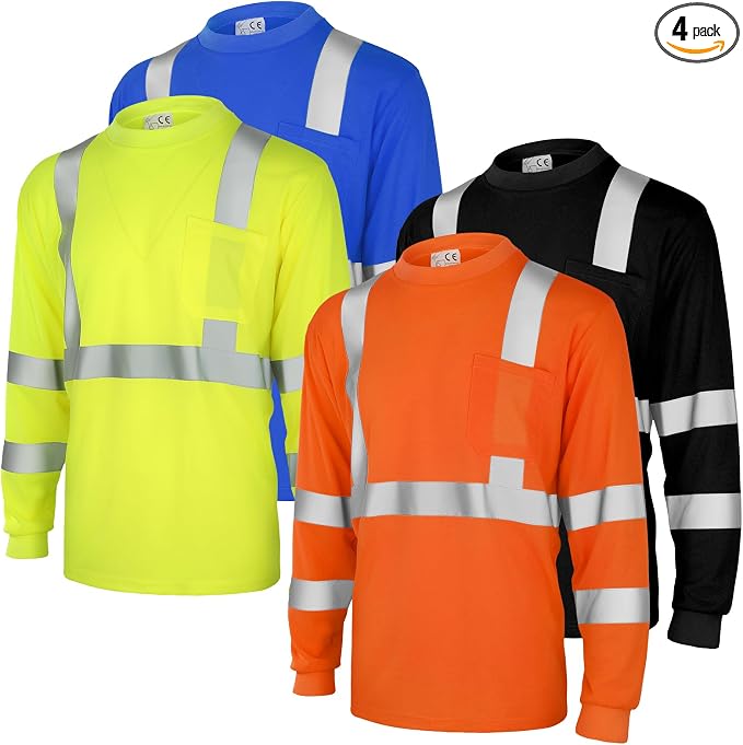 Amylove 4 Pcs Long Sleeve Safety Shirt High Visibility Reflective Construction Work Shirts for Men Women(XL,Yellow, Orange, Black, Blue)