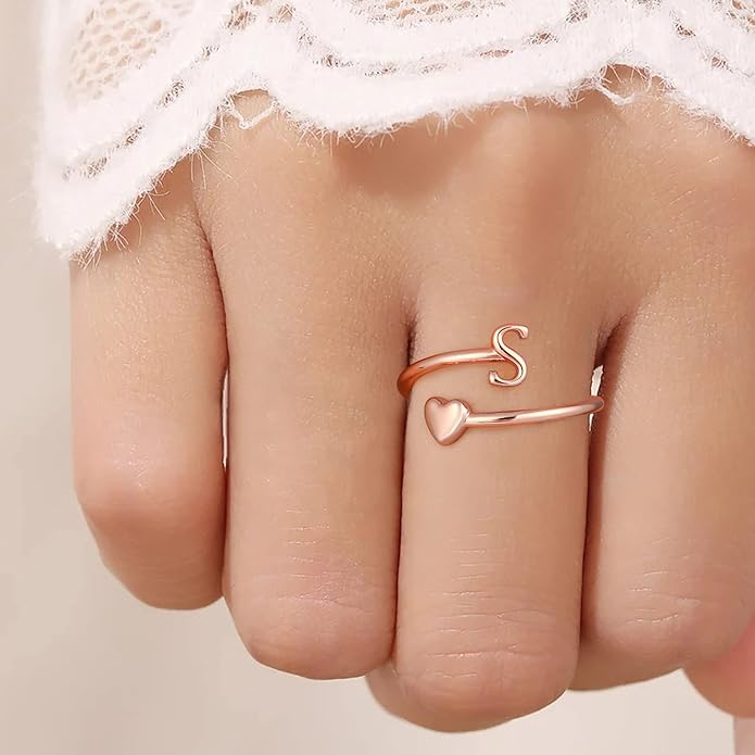 Initial Rings for Women Girls - Valentines Day Gifts for Her, Adjustable Rings for Women Non Tarnish Letter A-Z Dainty Heart Ring Teen Girls Gifts Trendy Stuff Personalized Jewelry Gift