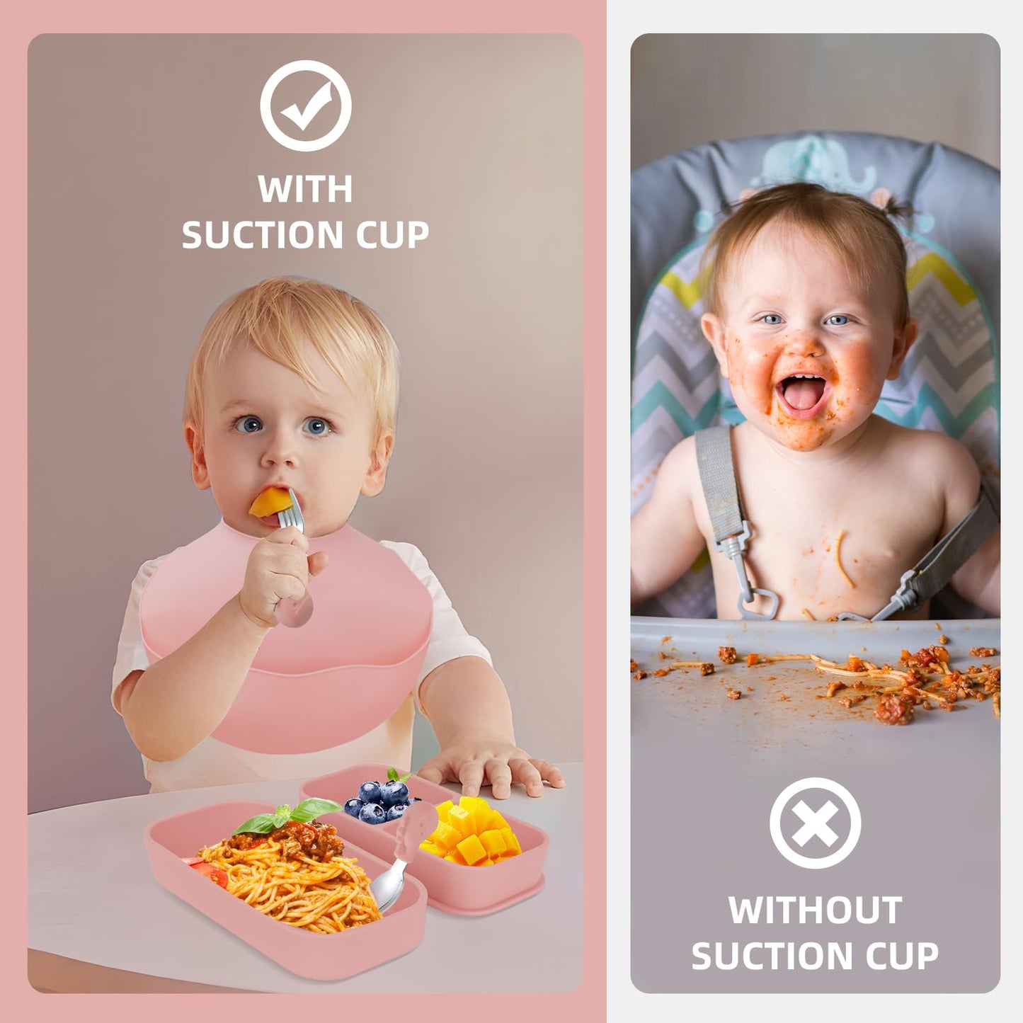 Travel Silicone Baby Feeding Set with 316 Stainless Steel Spoon & Fork ,Silicone Suction Plates, Foldable Bib, Storage Bag - Portable Infant Toddler Utensils, 6-Piece BPA-Free Dishware Kit（pink）