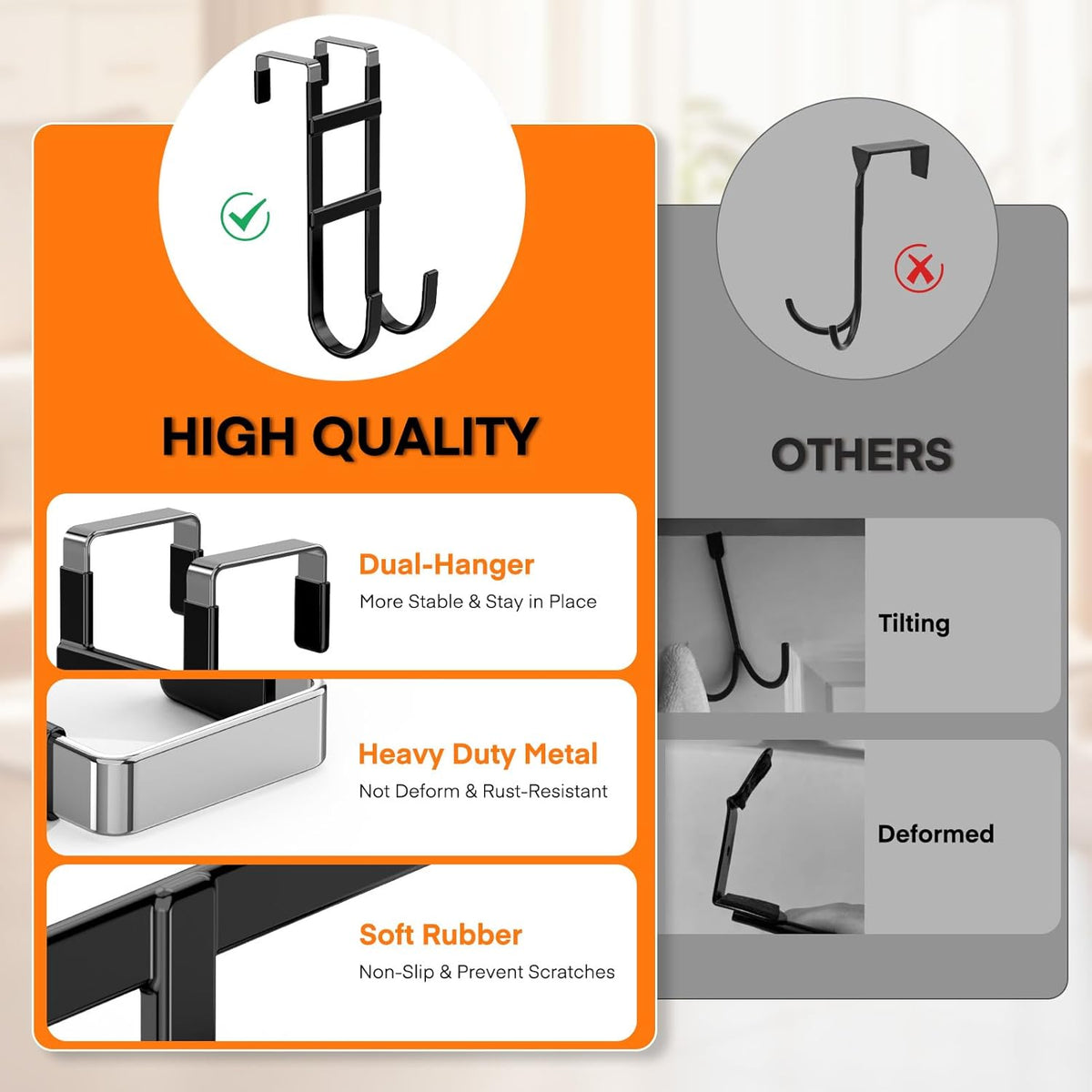 FYY Over The Door Hooks - 4 Pack Heavy Duty Dual-Hook Organizer Hanger with Non-Slip Rubber for Towels, Clothes, Hats & Bags Use in Bathroom, Bedroom, Kitchen - Fits Interior Doors Up to 1.6" Black