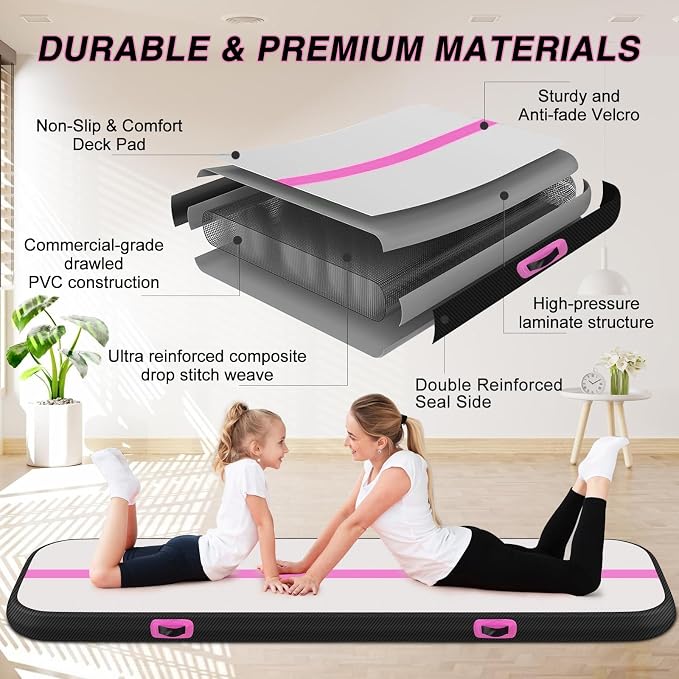Air Gymnastics Tumbling Mat, 6.6ft/10ft/13ft/16ft/20ft Inflatable Track Mat for Home/Outdoor Training, 4/8 inch Thick Gym Mat with Electric Pump for Kids & Adults