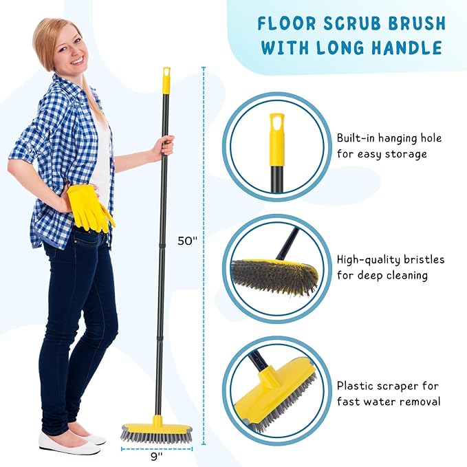 Deck Brush with Long Handle, Floor Scrub Broom for Shower, 50'' Outdoor Scrubber for Carpet, Boat, Patio, Garage, Concrete Cleaning