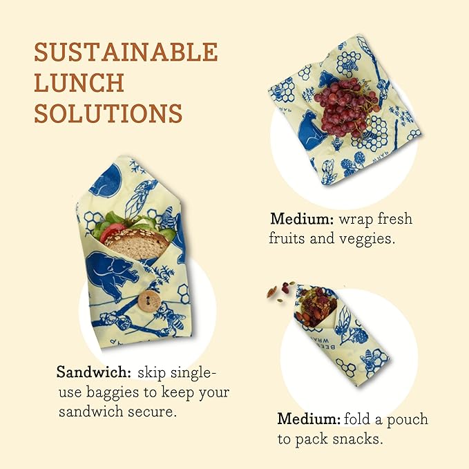 Bee's Wrap Beeswax Wraps for Food - Bees + Bears 3 Pack (2M 1 Sandwich) Made in USA Reusable & Organic Food Wraps, Sandwich Wrap - Eco-Friendly Alternative to Aluminum Foil & Plastic Wrap