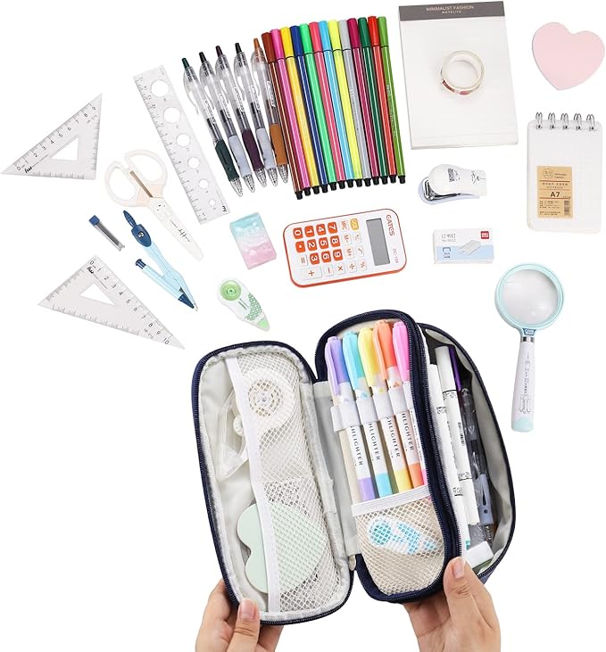 Big Pencil Case Large Capacity Pencil Bag with Zipper Pencil Pouch for Boys Girls Kids Adults Stationery Pencil Pen Case Organizer for School Office Blue